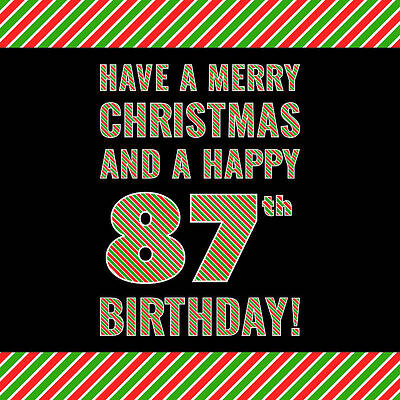 [ Thumbnail: 87th Birthday on Christmas Day - Red, White, Green Stripes - Born on December 25th Greeting Card ]