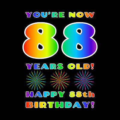 [ Thumbnail: 88th Birthday - Bold, Colorful, Rainbow Spectrum Gradient Pattern Text, With Firework Shapes Coffee Mug ]