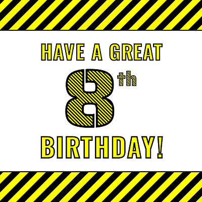 [ Thumbnail: 8th Birthday - Attention-Grabbing Yellow and Black Striped Stencil-Style Birthday Number Sticker ]