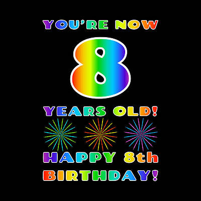 [ Thumbnail: 8th Birthday - Bold, Colorful, Rainbow Spectrum Gradient Pattern Text, With Firework Shapes Fleece Blanket ]