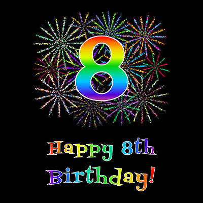 [ Thumbnail: 8th Birthday - Fun Rainbow Spectrum Gradient Pattern Text, Bursting Fireworks Inspired Background Adult T-Shirt ]