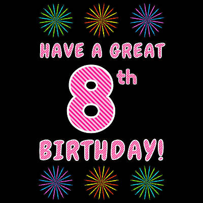 [ Thumbnail: 8th Birthday - Light Pink and Dark Pink Striped Text, and Colorful Bursting Fireworks Shapes ]