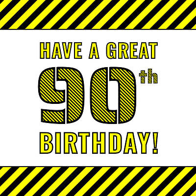 [ Thumbnail: 90th Birthday - Attention-Grabbing Yellow and Black Striped Stencil-Style Birthday Number Tote Bag ]