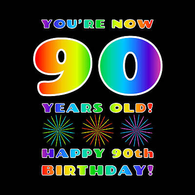 [ Thumbnail: 90th Birthday - Bold, Colorful, Rainbow Spectrum Gradient Pattern Text, With Firework Shapes Shower Curtain ]