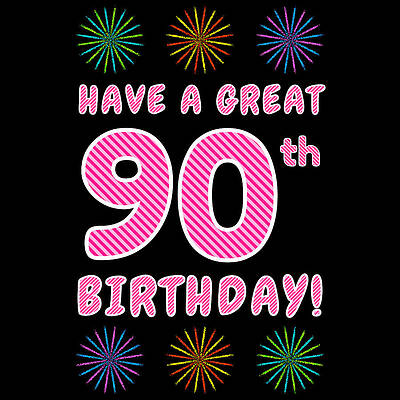 [ Thumbnail: 90th Birthday - Light Pink and Dark Pink Striped Text, and Colorful Bursting Fireworks Shapes Shower Curtain ]
