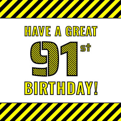 [ Thumbnail: 91st Birthday - Attention-Grabbing Yellow and Black Striped Stencil-Style Birthday Number Acrylic Print ]
