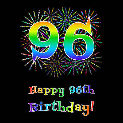 [ Thumbnail: 96th Birthday - Fun Rainbow Spectrum Gradient Pattern Text, Bursting Fireworks Inspired Background Metal Print ]