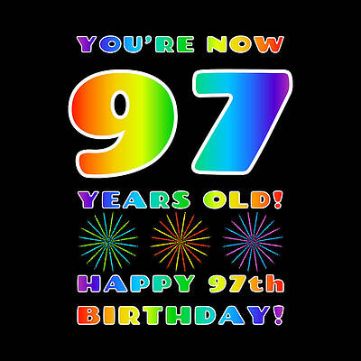 [ Thumbnail: 97th Birthday - Bold, Colorful, Rainbow Spectrum Gradient Pattern Text, With Firework Shapes Wood Print ]