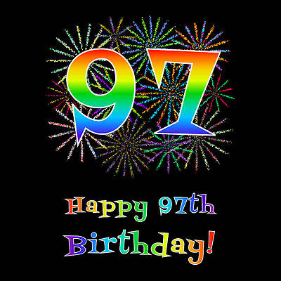 [ Thumbnail: 97th Birthday - Fun Rainbow Spectrum Gradient Pattern Text, Bursting Fireworks Inspired Background Adult T-Shirt ]
