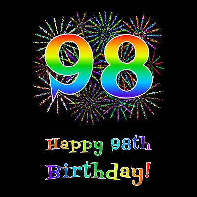 [ Thumbnail: 98th Birthday - Fun Rainbow Spectrum Gradient Pattern Text, Bursting Fireworks Inspired Background Women's T-Shirt ]