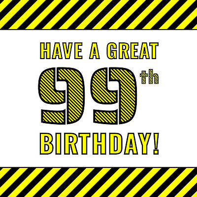 [ Thumbnail: 99th Birthday - Attention-Grabbing Yellow and Black Striped Stencil-Style Birthday Number Framed Print ]