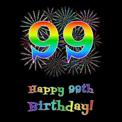 [ Thumbnail: 99th Birthday - Fun Rainbow Spectrum Gradient Pattern Text, Bursting Fireworks Inspired Background Sticker ]