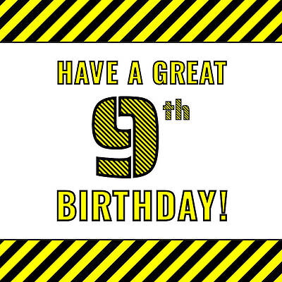 [ Thumbnail: 9th Birthday - Attention-Grabbing Yellow and Black Striped Stencil-Style Birthday Number Adult T-Shirt ]