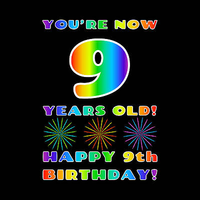 [ Thumbnail: 9th Birthday - Bold, Colorful, Rainbow Spectrum Gradient Pattern Text, With Firework Shapes Sticker ]