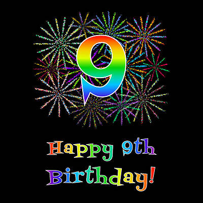 [ Thumbnail: 9th Birthday - Fun Rainbow Spectrum Gradient Pattern Text, Bursting Fireworks Inspired Background ]