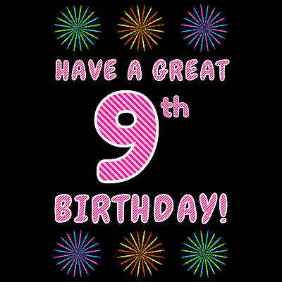 [ Thumbnail: 9th Birthday - Light Pink and Dark Pink Striped Text, and Colorful Bursting Fireworks Shapes Tote Bag ]