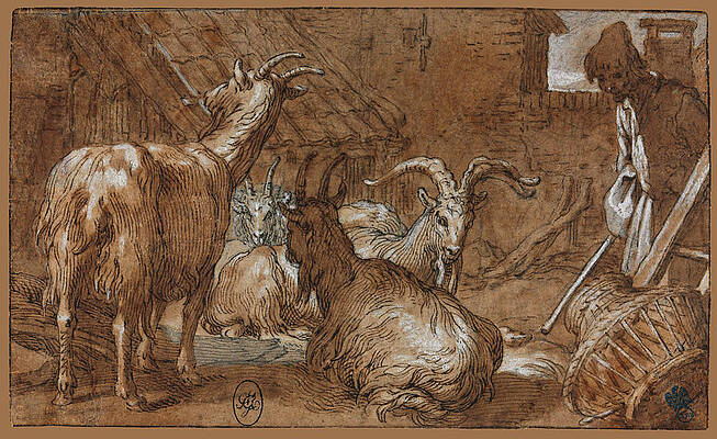 A Barnyard with Goats and a Goatherd Print by Abraham Bloemaert