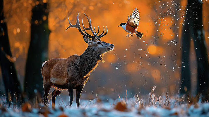 Wall Art - Digital Art - A breathtaking scene of a red deer standing in a snowy forest, with a bird flying overhead. The golden sunlight creates a magical atmosphere. by Arpan Bhatia
