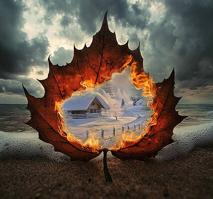 Wall Art - Digital Art - A burning autumn leaf reveals a serene winter cabin scene through its center, contrasting fire and snow, with a dramatic cloudy sky and beach in the background. by Arpan Bhatia