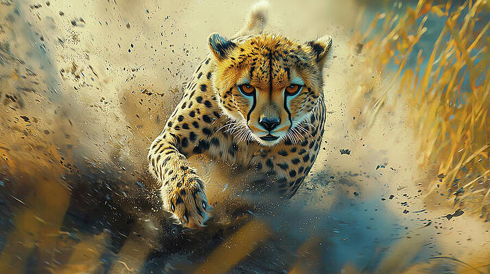 Wall Art - Digital Art - A cheetah lunges forward, dust kicking up around its paws. The image captures the raw power and grace of this incredible animal. by Arpan Bhatia