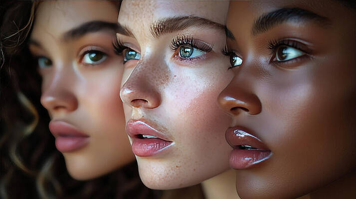 Wall Art - Digital Art - A close-up of three diverse women with flawless skin and striking features, highlighting beauty and diversity. Their expressions show unity and strength, with soft lighting enhancing the natural tones by Arpan Bhatia