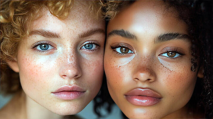 Wall Art - Digital Art - A close-up of Two diverse women with flawless skin and striking features, highlighting beauty and diversity. Their expressions show unity and strength, with soft lighting enhancing the natural tones. by Arpan Bhatia