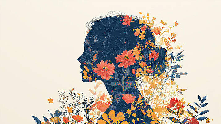 Wall Art - Digital Art - A contemplative profile of a girl, blending with red foliage and flowers in a stunning double-exposure effect. The image evokes themes of nature, introspection, and personal growth. by Arpan Bhatia