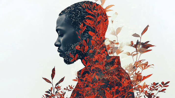 Wall Art - Digital Art - A contemplative profile of a man, blending with red foliage in a stunning double-exposure effect. The image evokes themes of nature, introspection, and personal growth. by Arpan Bhatia