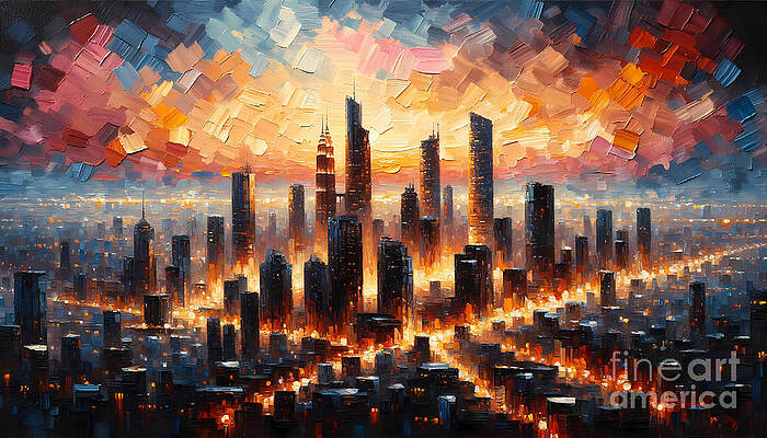 Wall Art - Painting - A dramatic skyline of a modern metropolis from a high vantage point by Jeff Creation