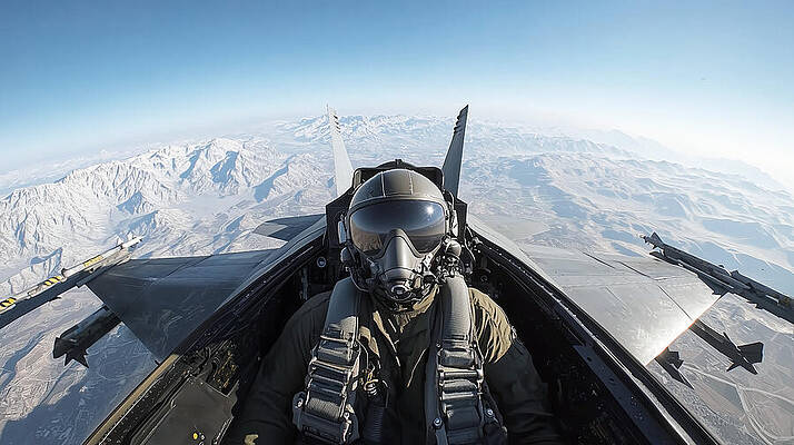 Wall Art - Digital Art - A fighter jet pilot inside the cockpit, wearing a helmet and oxygen mask, flies over a vast snowy mountain range under a clear sky. The jet's sleek wings and weapons are visible. by Arpan Bhatia