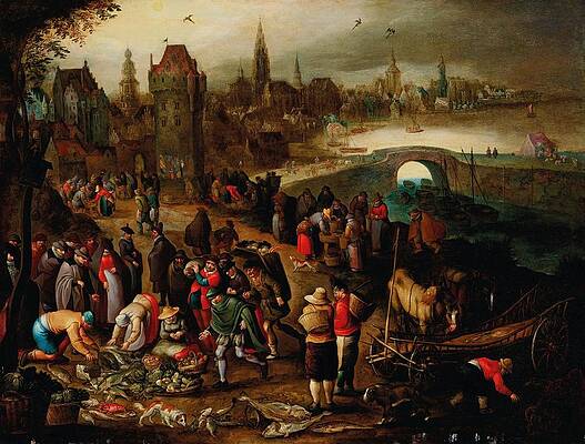 Wall Art - Drawing - A fish market before a city on the water  by Pieter Brueghel III Flemish