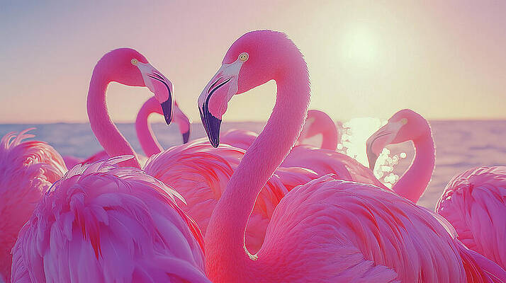 Wall Art - Digital Art - A flock of vibrant pink flamingos stand in a shallow body of water at sunset. The birds' long, elegant necks and bright pink feathers create a stunning visual. by Arpan Bhatia