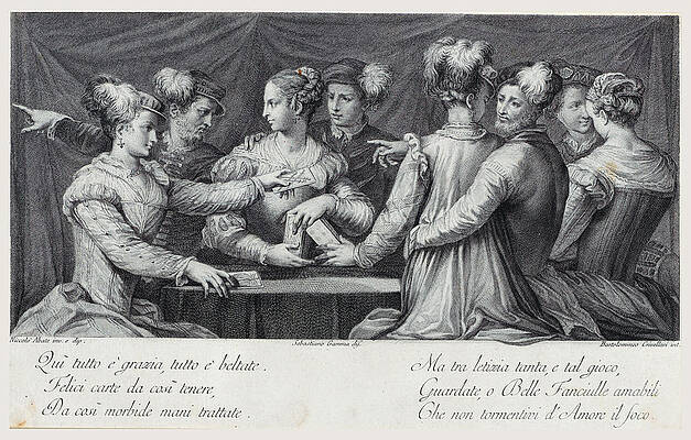 A group of elegantly dressed people playing cards Print by Bartolomeo Crivellari