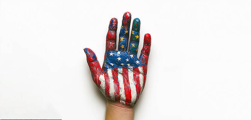 Wall Art - Digital Art - A hand painted with the American flag, symbolizing unity and patriotism against a white backdrop or background. Copy paste space by Arpan Bhatia