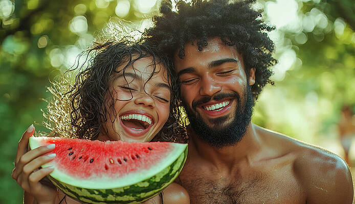 Wall Art - Digital Art - A happy couple laughing and holding a watermelon on a summer day, enjoying the sunshine and each other's company. Their carefree energy captures the essence of summer fun and relaxation by Arpan Bhatia