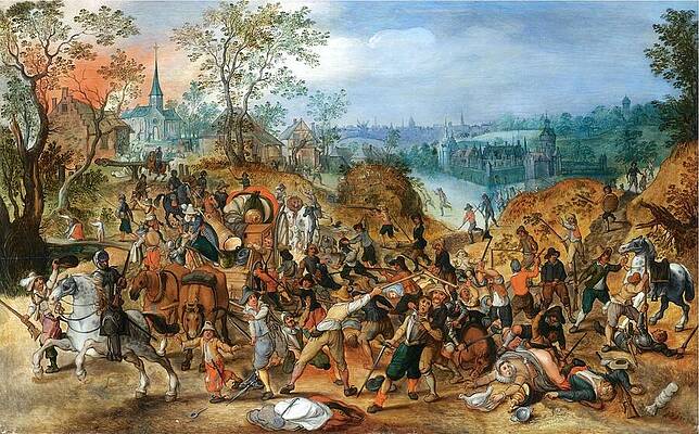 Wall Art - Painting - A landscape with travellers ambushed outside a small town by Master Style