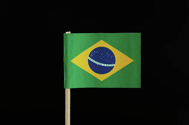 Wall Art - Photograph - A national flag of Brazil on toothpick on black background. A green field with the large yellow diamond. In the middle of circle there is blue field in form circle with writting Order and Progress by Vaclav Sonnek