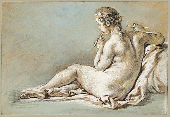 A nude woman playing a flute, seen from behind Print by Francois Boucher