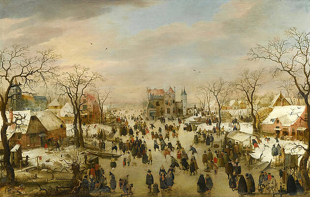 A panoramic Winter landscape with a multitude of figures on a frozen river Print by Hendrick Avercamp