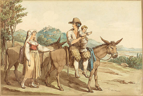A Peasant Family and Two Donkeys Print by Bartolomeo Pinelli