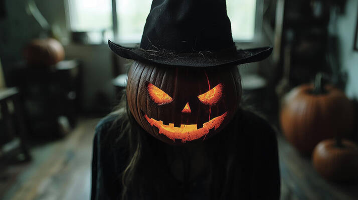 Wall Art - Digital Art - A person wearing a witch's hat holds a lit jack-o'-lantern in front of their face. A spooky Halloween scene with a person wearing a pumpkin mask and witch's hat. by Arpan Bhatia