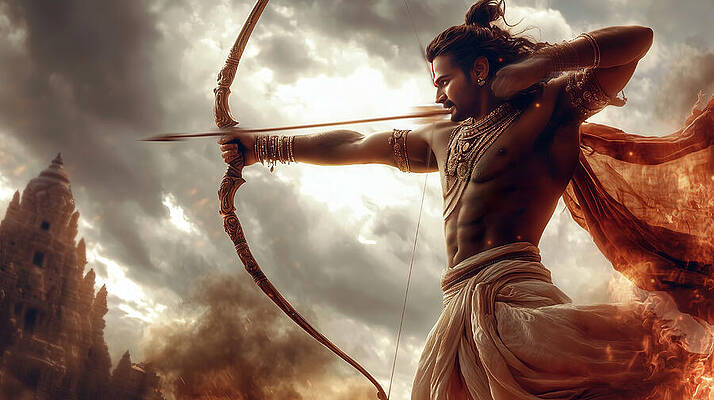 Wall Art - Digital Art - A powerful depiction of Lord Rama, the Hindu deity, aiming his bow with intense focus, shooting an arrow. The scene is dramatic with a temple in the background and swirling clouds. by Arpan Bhatia