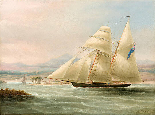A Royal Navy schooner off Port Royal, Kingston, Jamaica Print by William John Huggins