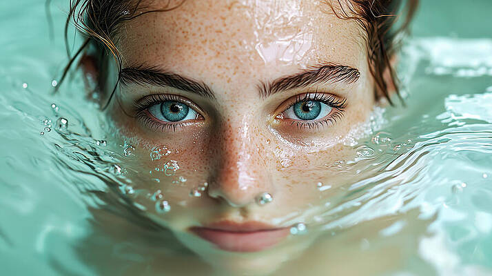 Wall Art - Digital Art - A serene portrait of a young woman half or partially submerged in clear turquoise water, only her intense blue eyes visible and rest of the face is under water forming bubbles by Arpan Bhatia