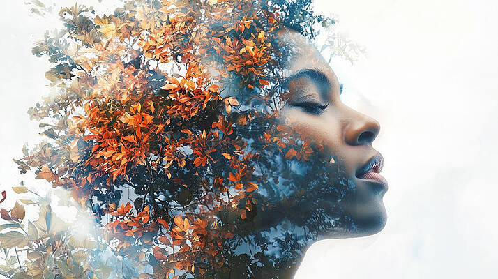 Wall Art - Digital Art - A serene woman with closed eyes, her profile blending seamlessly with vibrant autumn leaves in a dreamy double-exposure effect. The image evokes harmony with nature, tranquility, and introspection. by Arpan Bhatia