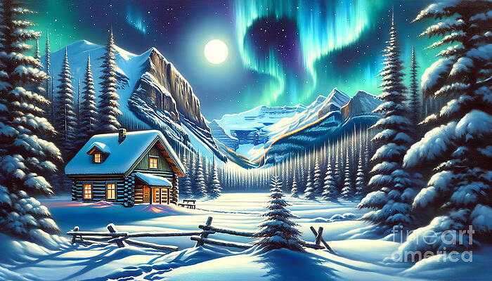 Wall Art - Painting - A snowy scene of a log cabin in the Canadian Rockies, with northern lights dancing in the sky. by Jeff Creation