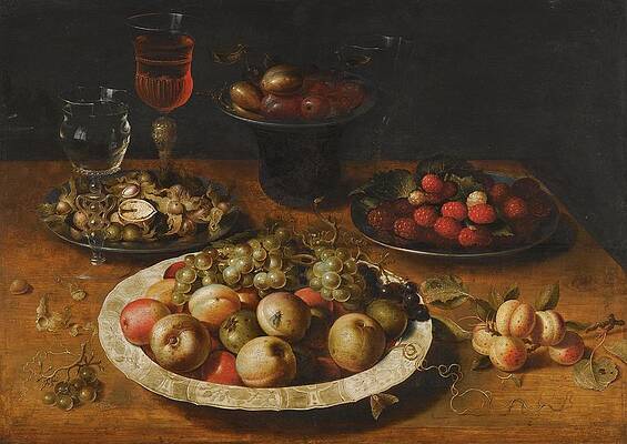 Wall Art - Drawing - A Still Life Of Apples And Grapes In A BlueAndWhite Porcelain Bowl art by Osias Beert the Elder Flemish