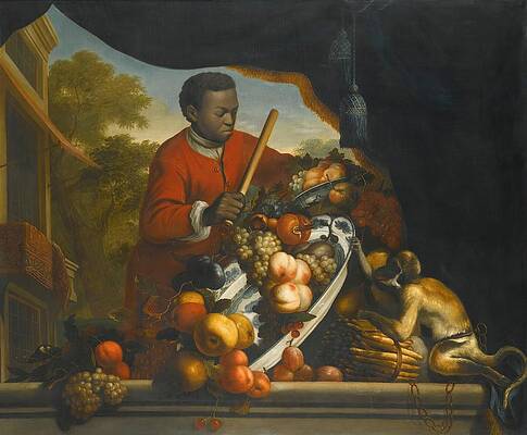 Wall Art - Drawing - A Still Life With A Monkey Upsetting A Bowl Of Fruit late th Century art by AngloDutch School