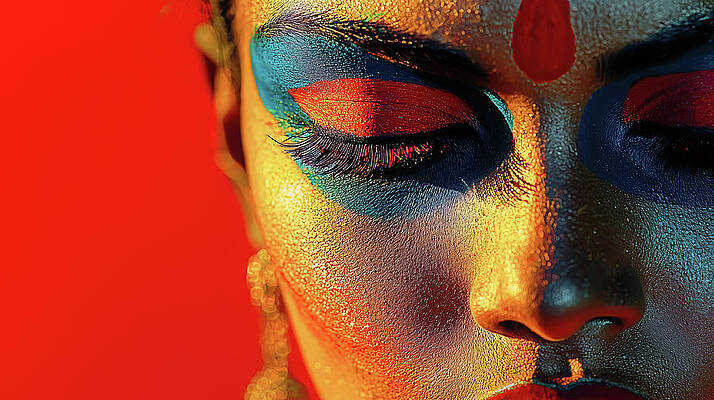 Wall Art - Digital Art - A striking close-up of a face adorned with vivid colors and artistic makeup, symbolizing cultural expression and artistic creativity in a captivating composition. by Arpan Bhatia