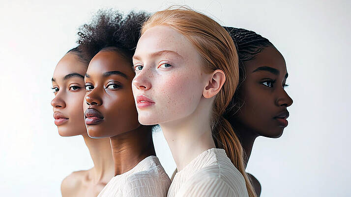 Wall Art - Digital Art - A striking profile portrait of four diverse women standing together, each facing a different direction. Composition emphasizes unity, strength, and individuality through natural beauty and diversity by Arpan Bhatia